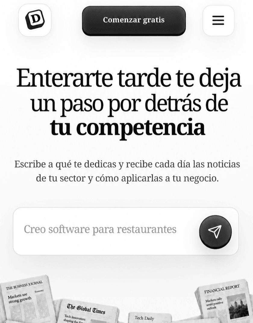 Pantalla de DeyNews para describir el negocio y sus intereses