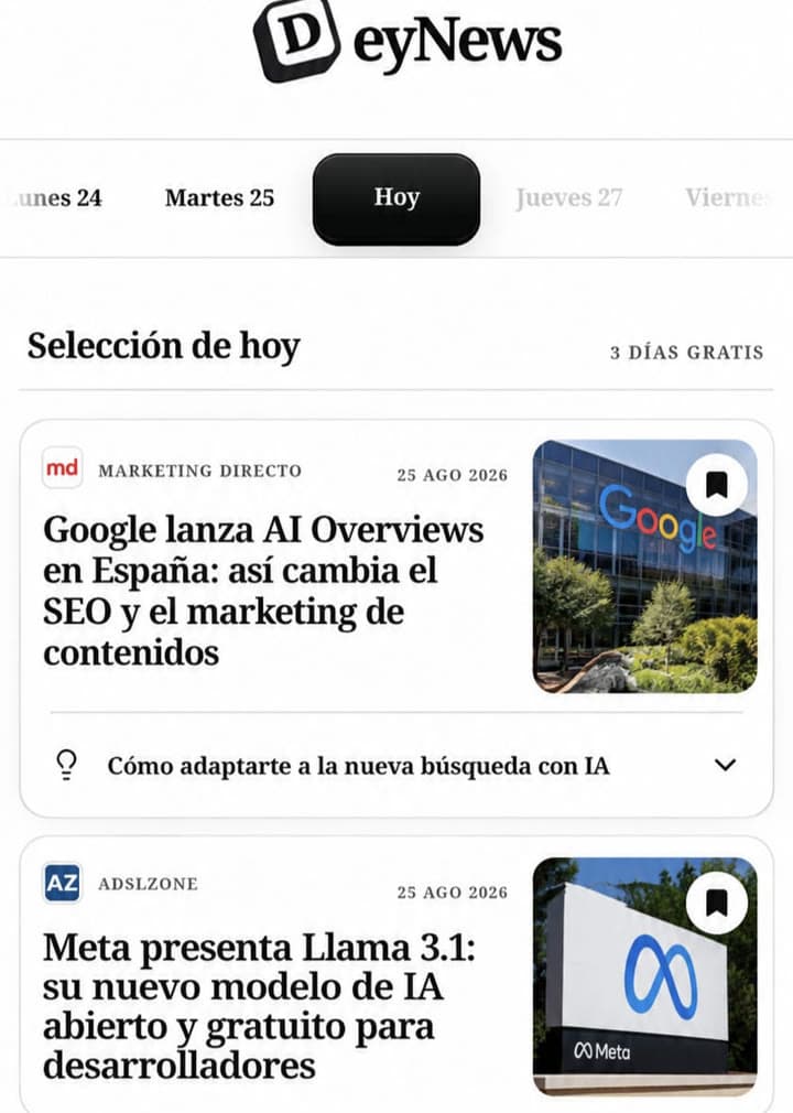 Pantalla real de una edición de noticias personalizada en DeyNews